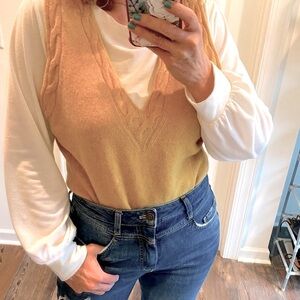 Italian pure wool yellow vest cableknit V-neck trim sleeveless sweater STEFANEL